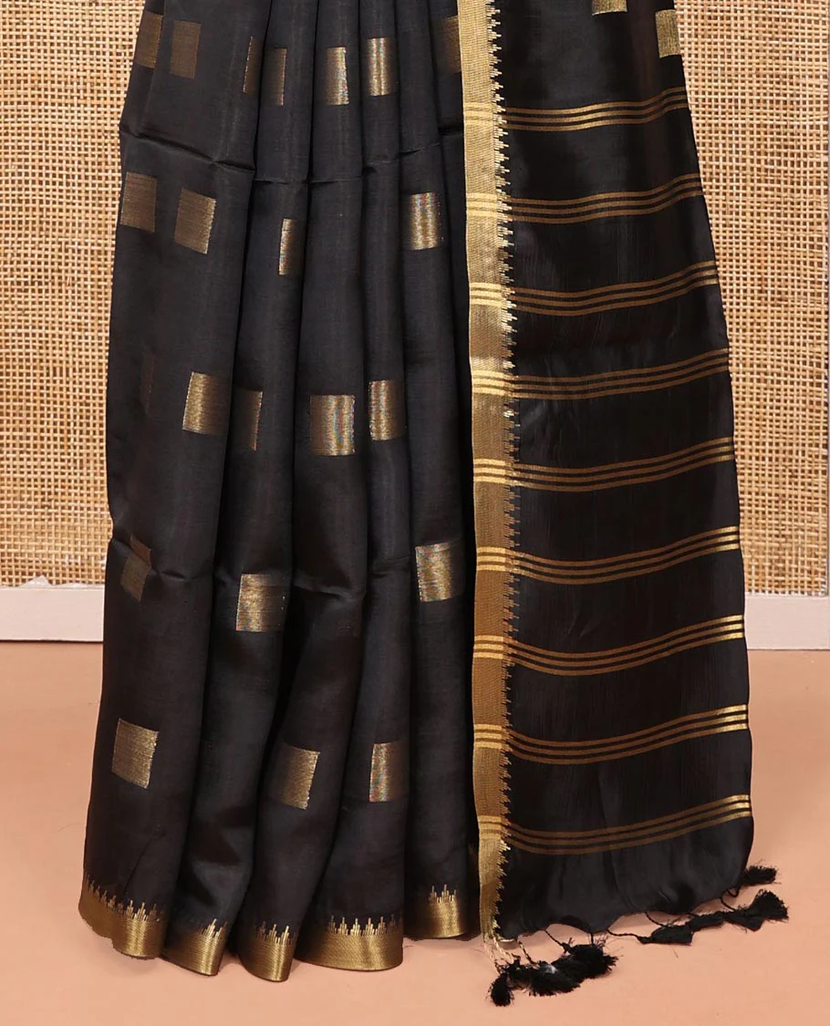 Black Banana Pith Saree, Beautified with Square Buttas All Over Its Body, Subtle Zari Temple Border, Pallu Steeped with Stripes, and Paired with a Matching Blouse - Image 4