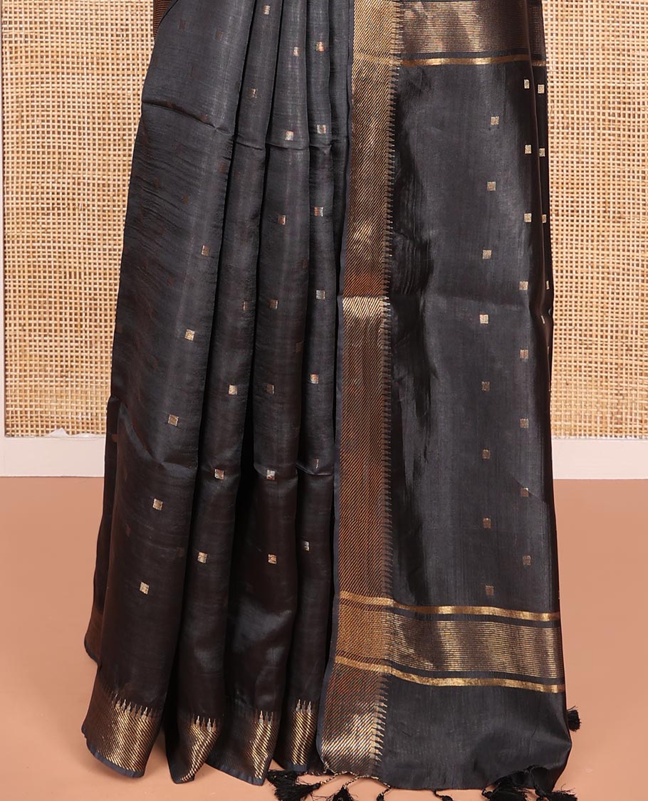 Black Banana Pith Saree Finely Crafted with Zari Buttas, Artfully Detailed Border with Zari Designs, Subtle Pallu of Zari Designs, and Paired with a Matching Blouse - Image 4