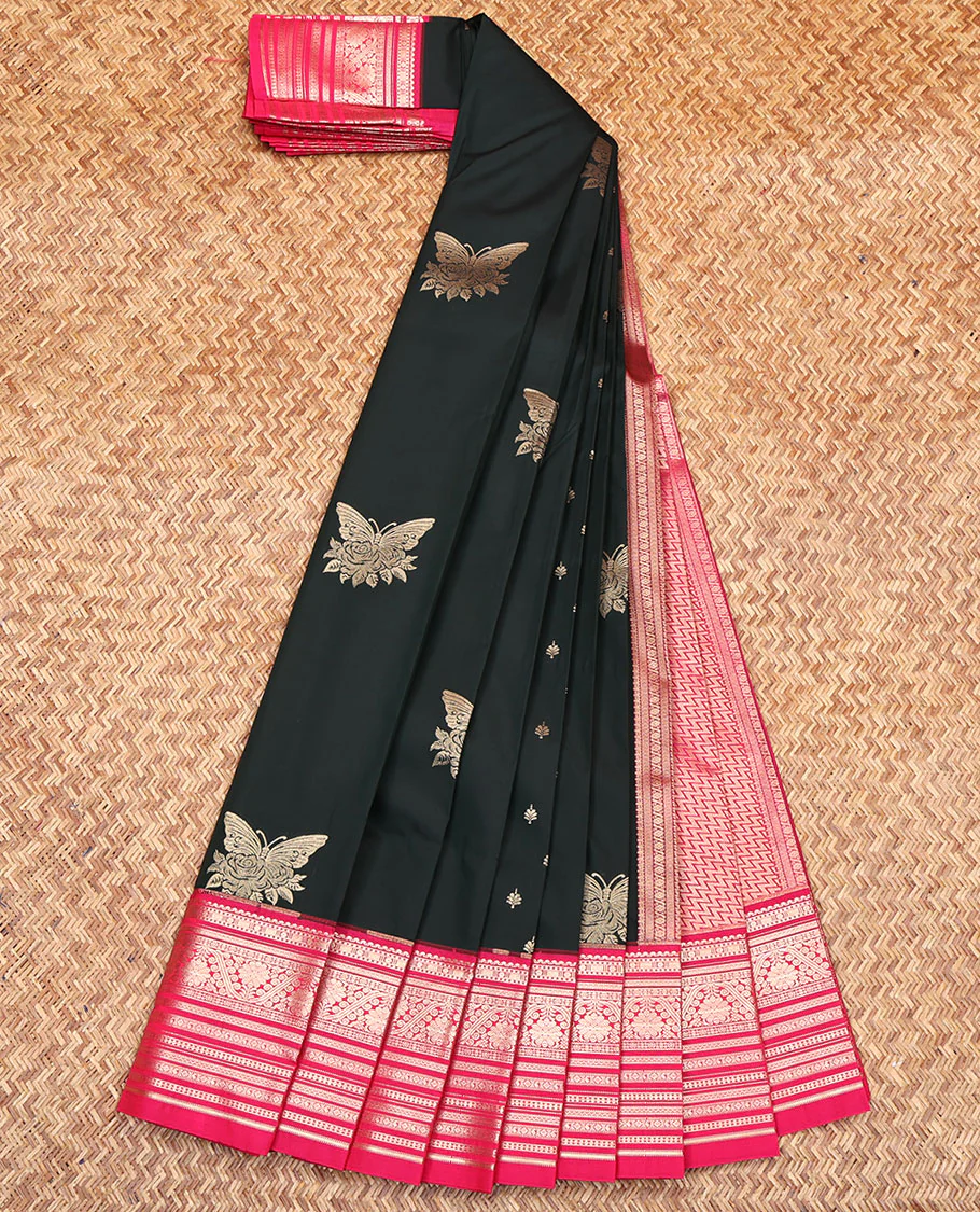 Black Budget Silk Saree, Beautified with Butterfly Buttas All Over Its Body, Complemented by a Contrast Traditional Zari Design Border, Contrast Pallu of Chevron Stripes, and Paired with a Contrast Blouse - Image 2