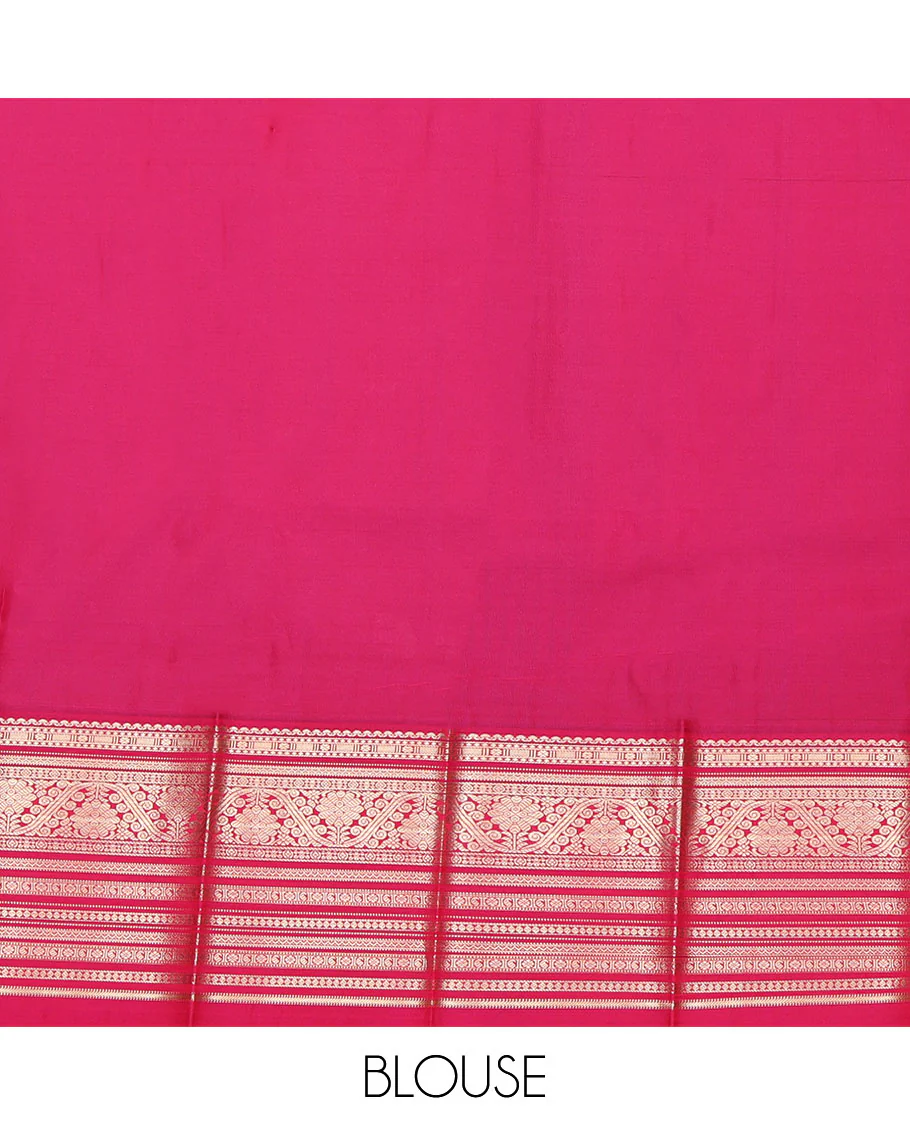 Black Budget Silk Saree, Beautified with Butterfly Buttas All Over Its Body, Complemented by a Contrast Traditional Zari Design Border, Contrast Pallu of Chevron Stripes, and Paired with a Contrast Blouse - Image 4