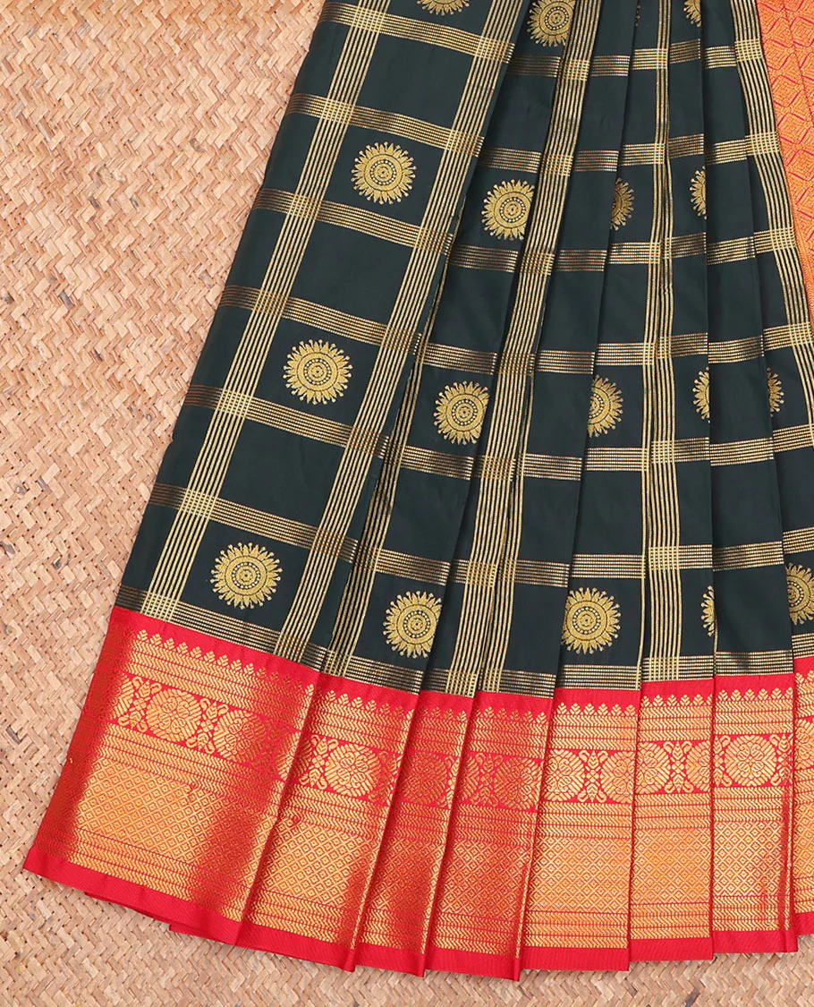 Black Budget Silk Saree, Decorated with Zari Butta Enclosed Checks on Its Body, Complemented by a Contrast Traditional Zari Design Border, Grand Jaal Pallu, and Paired with a Contrast Blouse