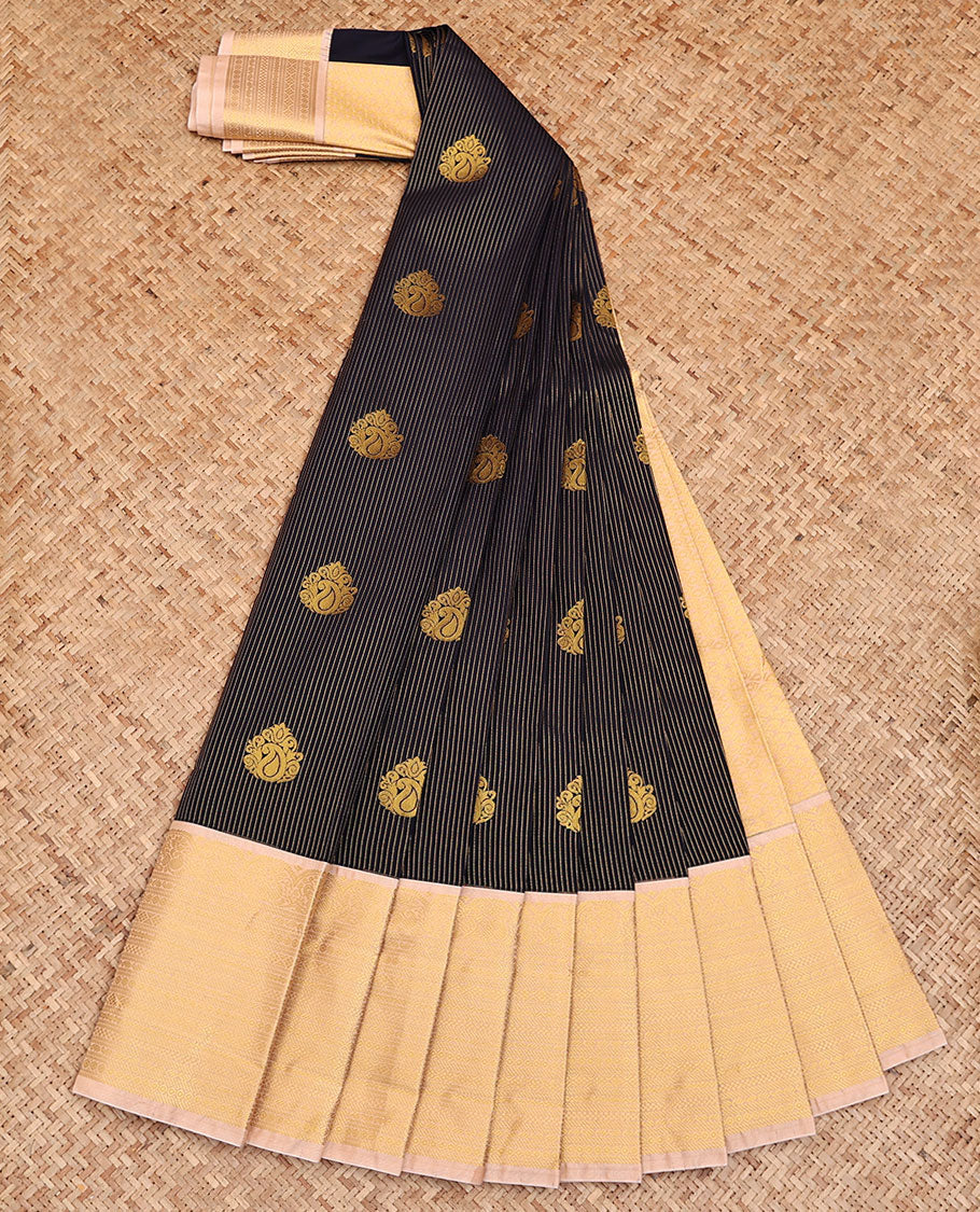 Black Budget Silk Saree, Detailed with Zari Stripes and Paisley Buttas All Over Its Body, Complemented by a Contrast Traditional Zari Design Border, Grand Pallu of Jaal Designs, and Paired with a Contrast Blouse - Image 2