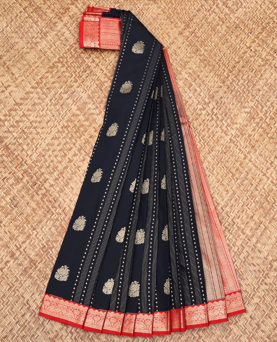 Black Budget Silk Saree, Highlighted with Buttas All Over Its Body, Complemented by a Contrast Traditional Zari Border of Peacocks, Grand Pallu of Geometric Design, and Paired with a Contrast Blouse - Image 2