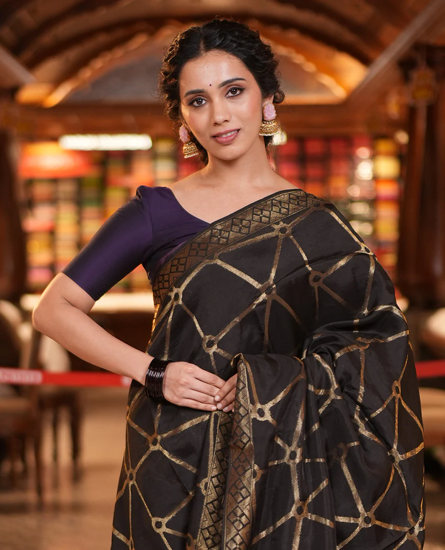 Black Chanderi Cotton Saree, Bedecked with Geometric Web-Patterns Weave On Its Body, Subtle Geometric Border, Pallu of Geometric Weave, and Paired with a Matching Blouse - Image 2