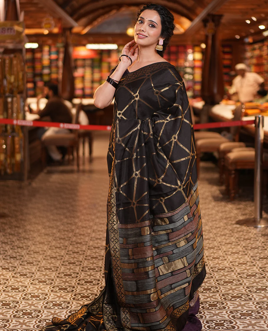 Black Chanderi Cotton Saree, Bedecked with Geometric Web-Patterns Weave On Its Body, Subtle Geometric Border, Pallu of Geometric Weave, and Paired with a Matching Blouse - Image 3