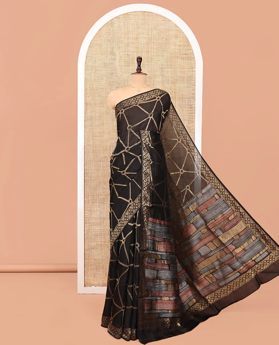 Black Chanderi Cotton Saree, Bedecked with Geometric Web-Patterns Weave On Its Body, Subtle Geometric Border, Pallu of Geometric Weave, and Paired with a Matching Blouse - Image 4