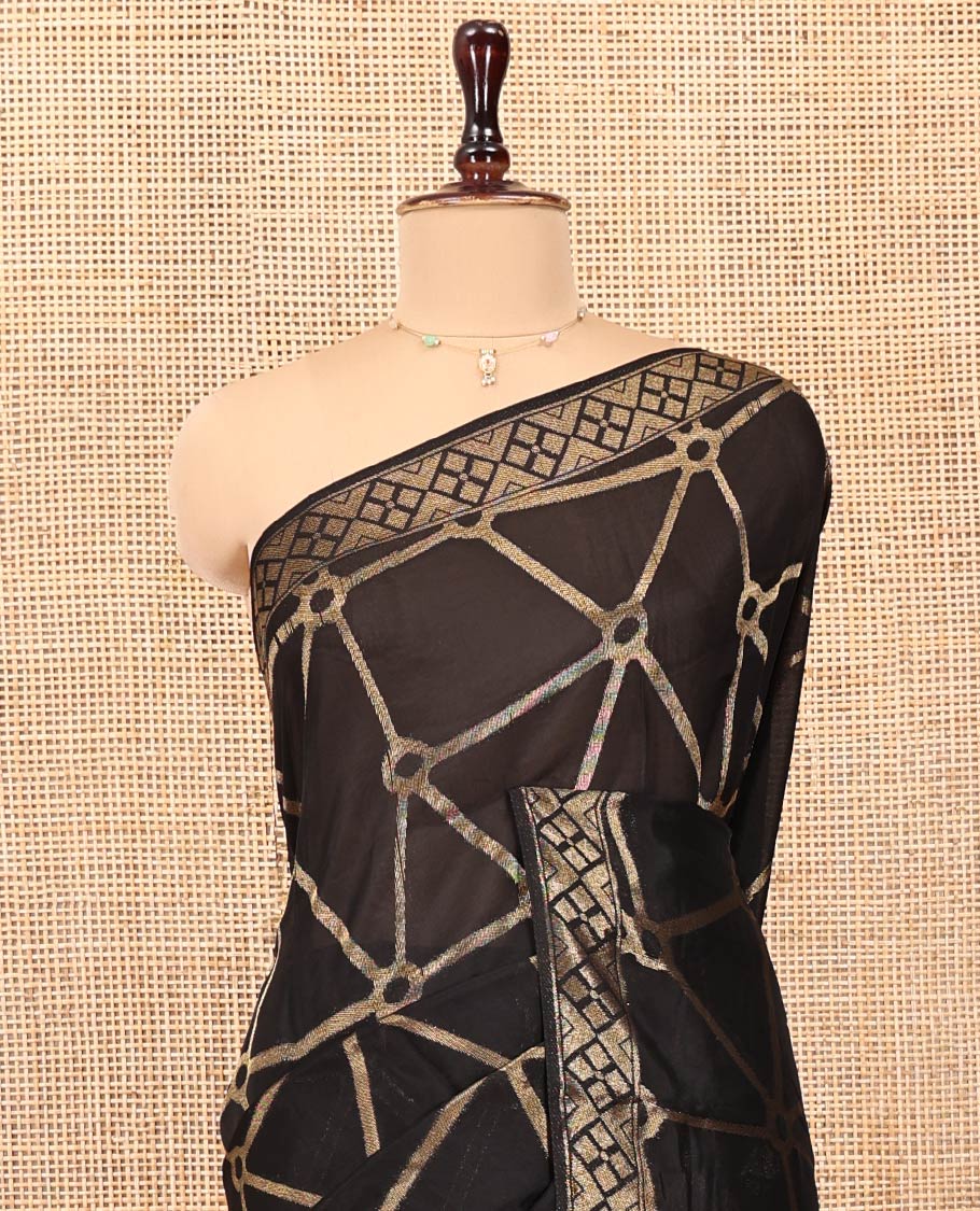 Black Chanderi Cotton Saree, Bedecked with Geometric Web-Patterns Weave On Its Body, Subtle Geometric Border, Pallu of Geometric Weave, and Paired with a Matching Blouse - Image 5