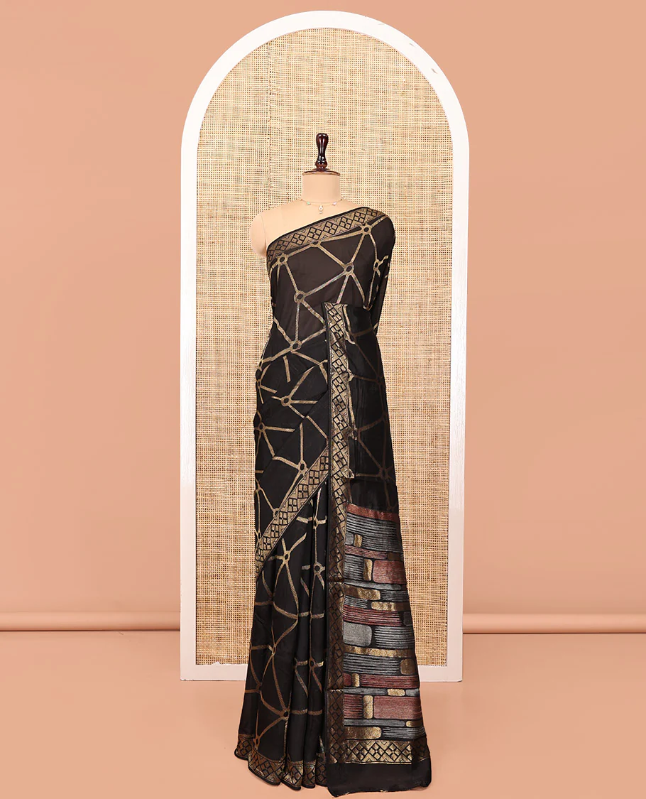 Black Chanderi Cotton Saree, Bedecked with Geometric Web-Patterns Weave On Its Body, Subtle Geometric Border, Pallu of Geometric Weave, and Paired with a Matching Blouse - Image 6