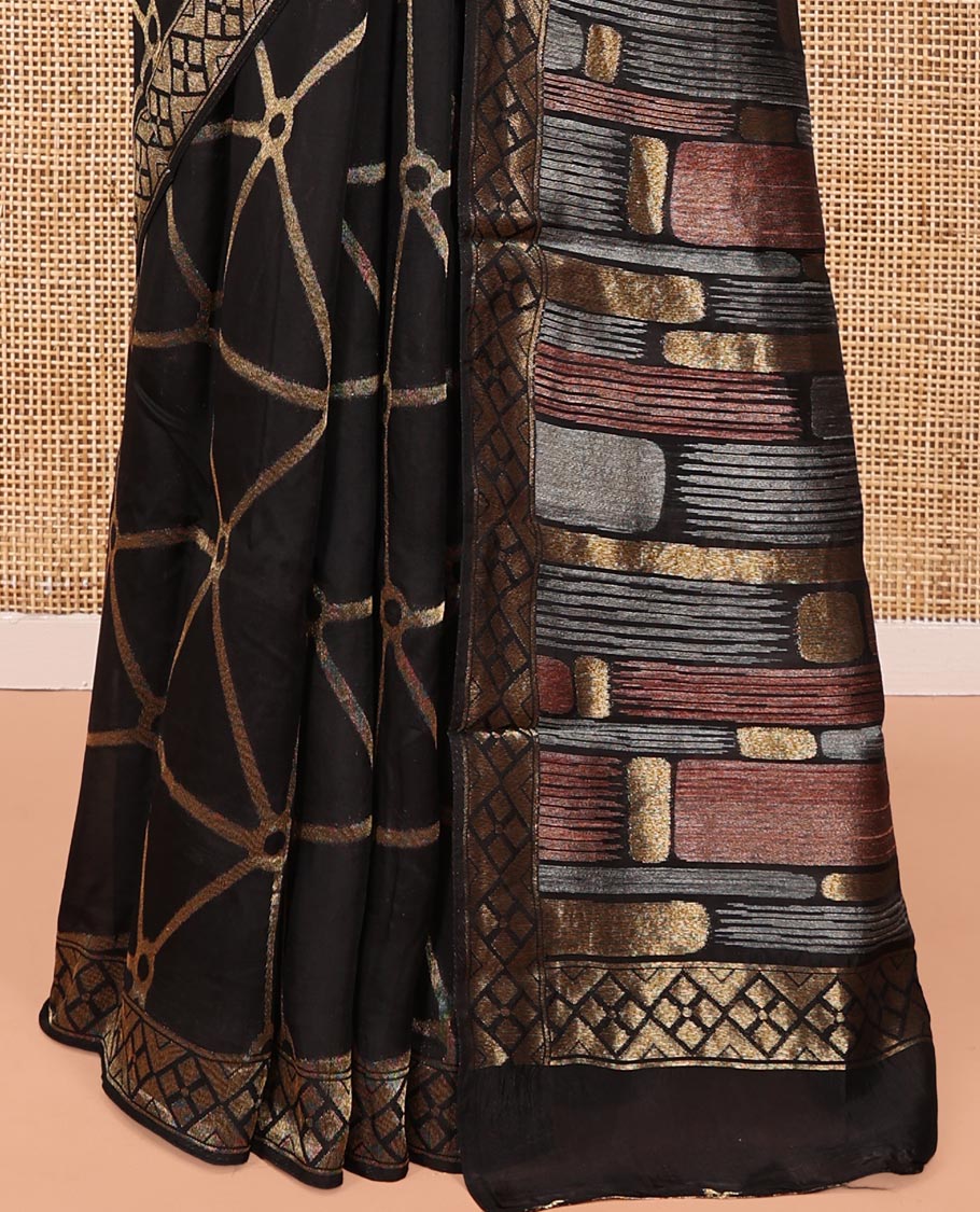Black Chanderi Cotton Saree, Bedecked with Geometric Web-Patterns Weave On Its Body, Subtle Geometric Border, Pallu of Geometric Weave, and Paired with a Matching Blouse - Image 7