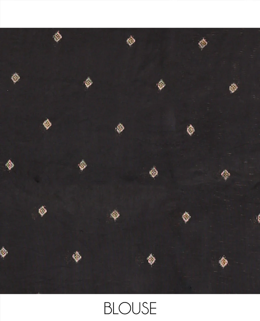 Black Chanderi Cotton Saree, Bedecked with Geometric Web-Patterns Weave On Its Body, Subtle Geometric Border, Pallu of Geometric Weave, and Paired with a Matching Blouse - Image 8
