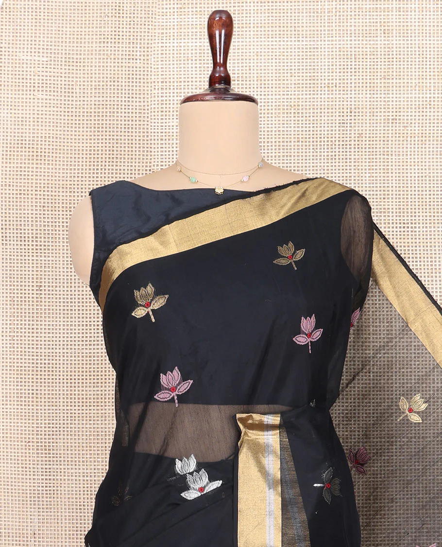 Black Chanderi Cotton Saree, Embellished with Floral Buttas All Over Its Body, Highlighted by Zari Border, Pallu Steeped with Zari Stripes, and Paired with a Matching Blouse - Image 2