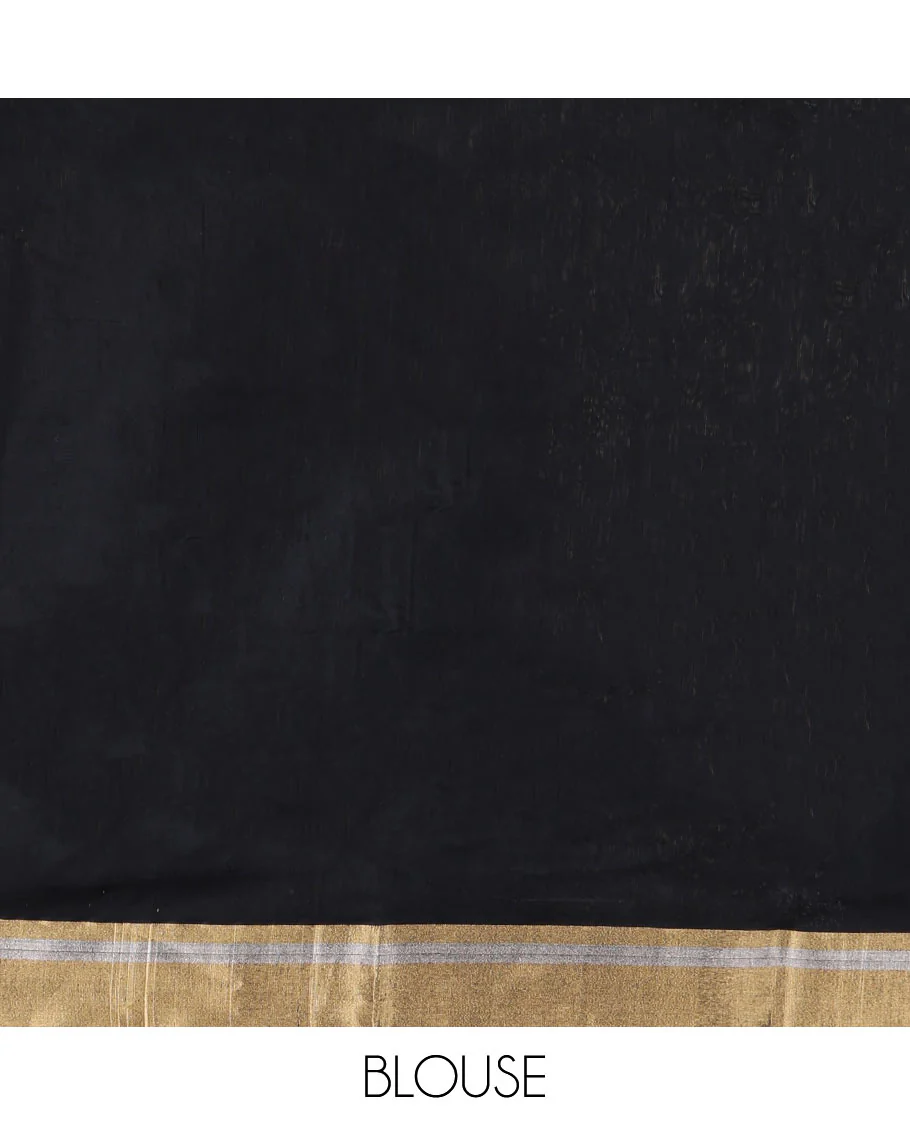 Black Chanderi Cotton Saree, Embellished with Floral Buttas All Over Its Body, Highlighted by Zari Border, Pallu Steeped with Zari Stripes, and Paired with a Matching Blouse - Image 4