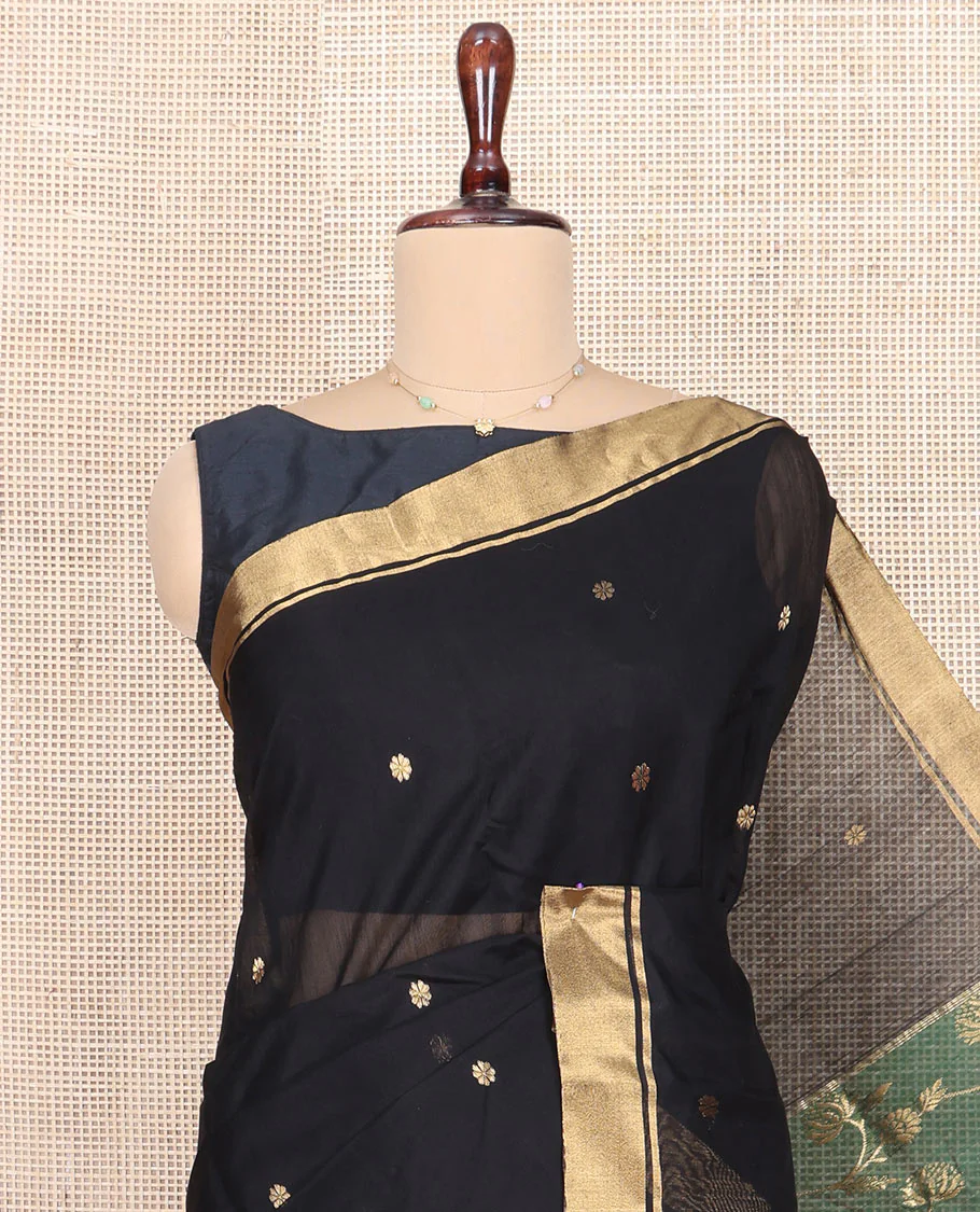 Black Chanderi Cotton Saree, Ornamented with Floral Buttas All Over Its Body, Highlighted by Zari Border, Complemented by Contrast Pallu of Floral Jaal Designs, and Paired with a Contrast Blouse - Image 2