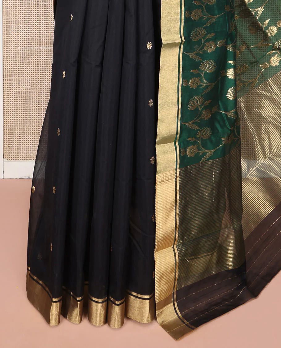 Black Chanderi Cotton Saree, Ornamented with Floral Buttas All Over Its Body, Highlighted by Zari Border, Complemented by Contrast Pallu of Floral Jaal Designs, and Paired with a Contrast Blouse - Image 3