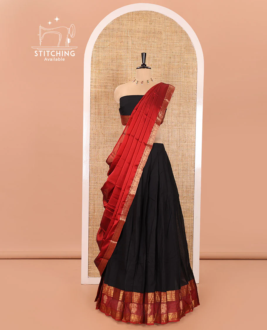 Black Chettinad Cotton Half-Saree Featuring Plain Skirt, Complemented by Contrast Traditional Border of Peacock and Rudraksha Designs, Paired with a Matching Blouse, and a Satin Georgette Zari Bordered Dhavani - Image 3