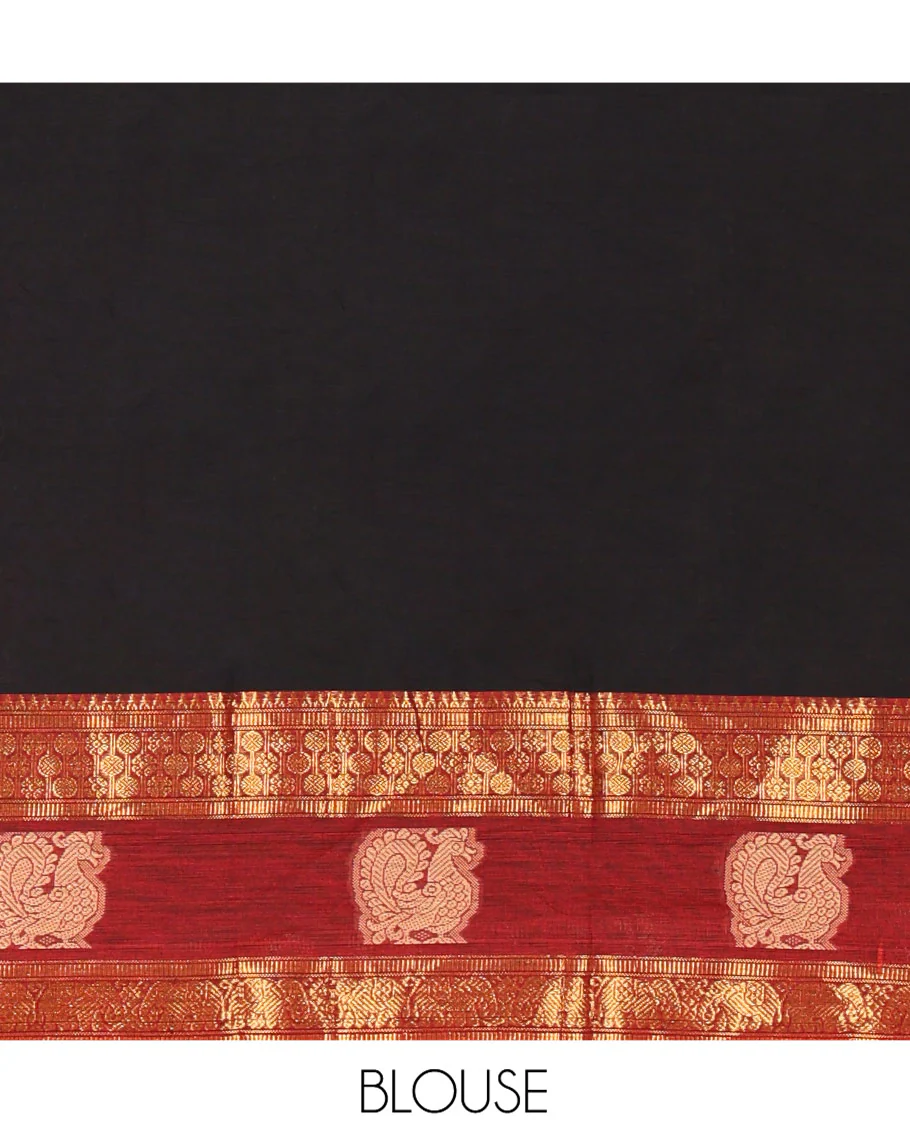 Black Chettinad Cotton Half-Saree Featuring Plain Skirt, Complemented by Contrast Traditional Border of Peacock and Rudraksha Designs, Paired with a Matching Blouse, and a Satin Georgette Zari Bordered Dhavani - Image 4
