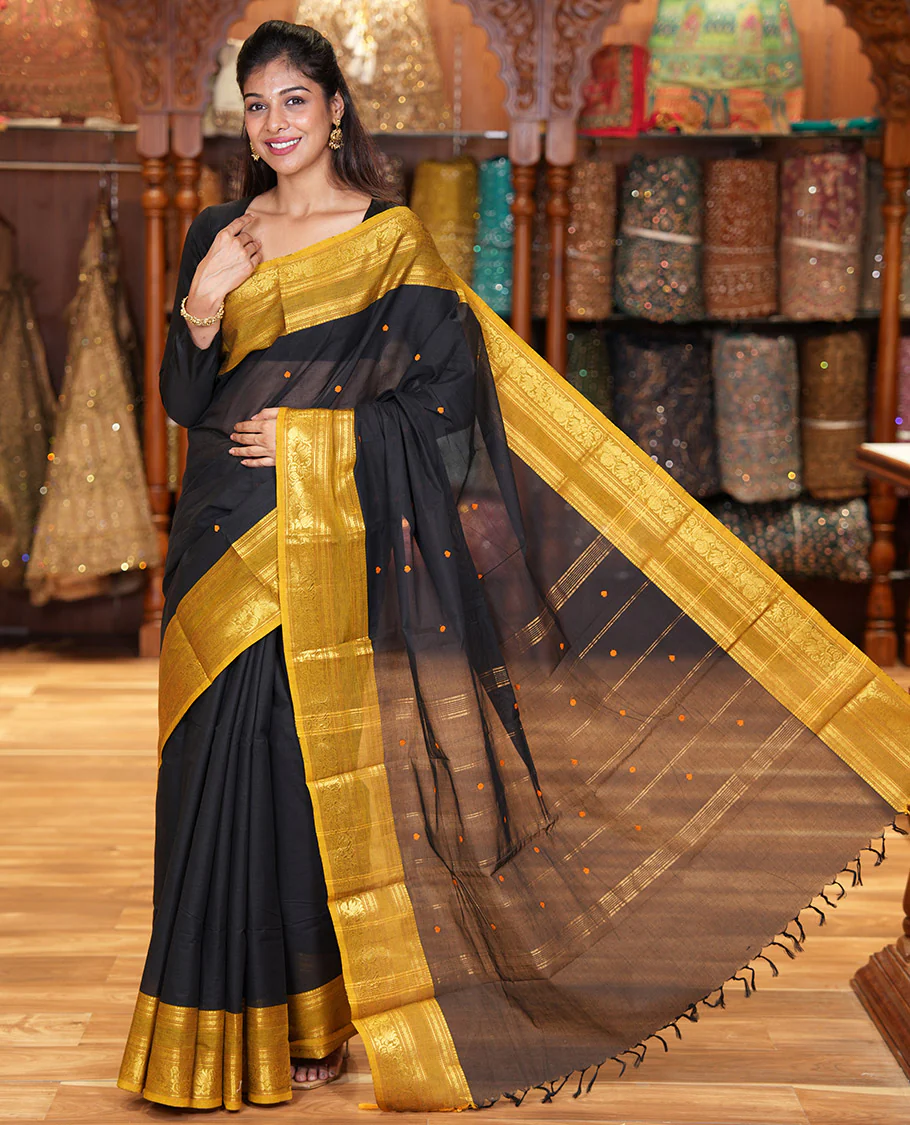 Black Chettinad Cotton Saree, Adorned with Buttas All Over Its Body, Complemented by a Contrast Traditional Zari Rettai Pettu Border, Pallu of Stripes and Buttas, and Paired with a Matching Blouse - Image 3
