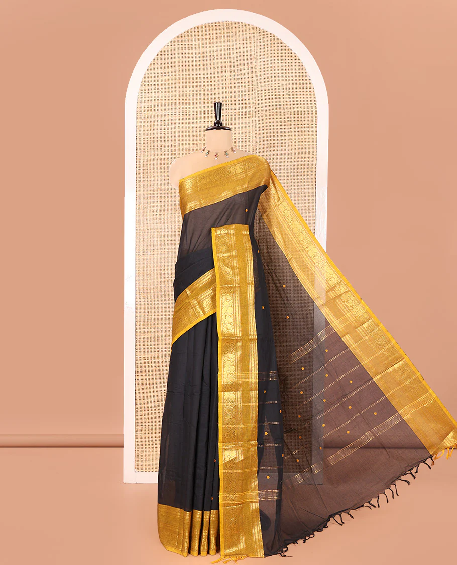Black Chettinad Cotton Saree, Adorned with Buttas All Over Its Body, Complemented by a Contrast Traditional Zari Rettai Pettu Border, Pallu of Stripes and Buttas, and Paired with a Matching Blouse - Image 4