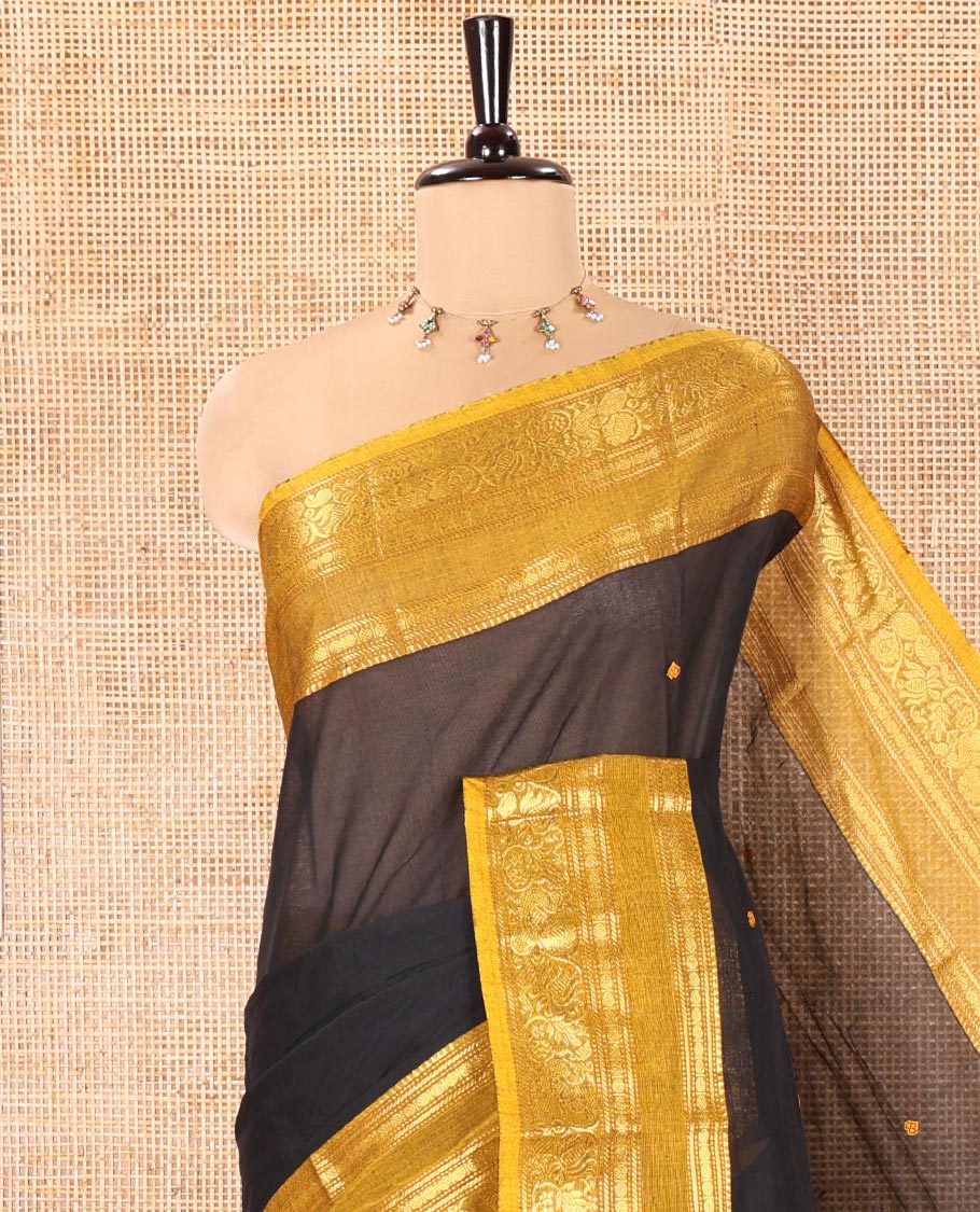 Black Chettinad Cotton Saree, Adorned with Buttas All Over Its Body, Complemented by a Contrast Traditional Zari Rettai Pettu Border, Pallu of Stripes and Buttas, and Paired with a Matching Blouse - Image 5