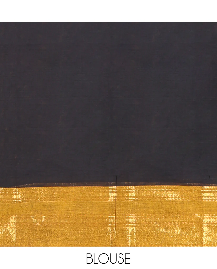 Black Chettinad Cotton Saree, Adorned with Buttas All Over Its Body, Complemented by a Contrast Traditional Zari Rettai Pettu Border, Pallu of Stripes and Buttas, and Paired with a Matching Blouse - Image 6