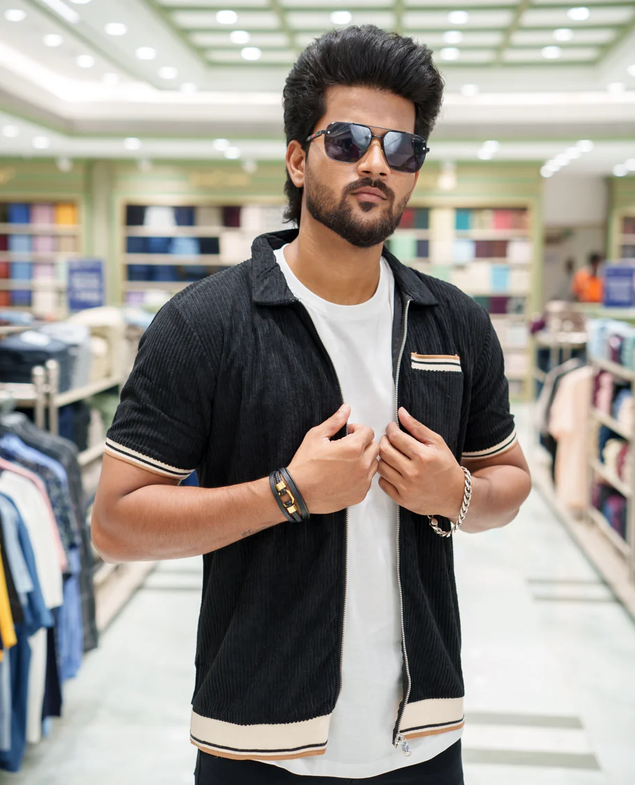 Black Corduroy Jacket, Featuring Sparse Stripes, a Polo Collar, Half Sleeves, Regular Fit, and Regular Length