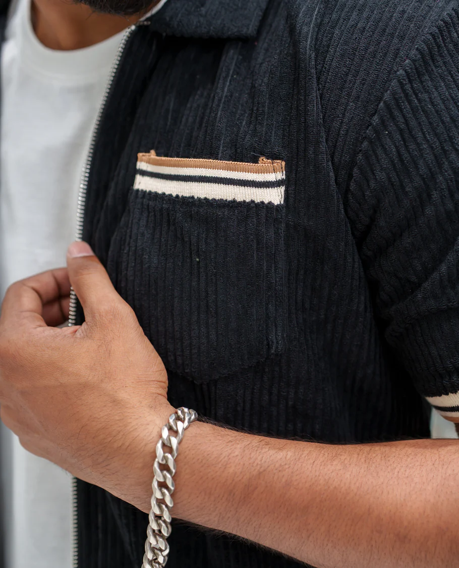 Black Corduroy Jacket, Featuring Sparse Stripes, a Polo Collar, Half Sleeves, Regular Fit, and Regular Length - Image 6