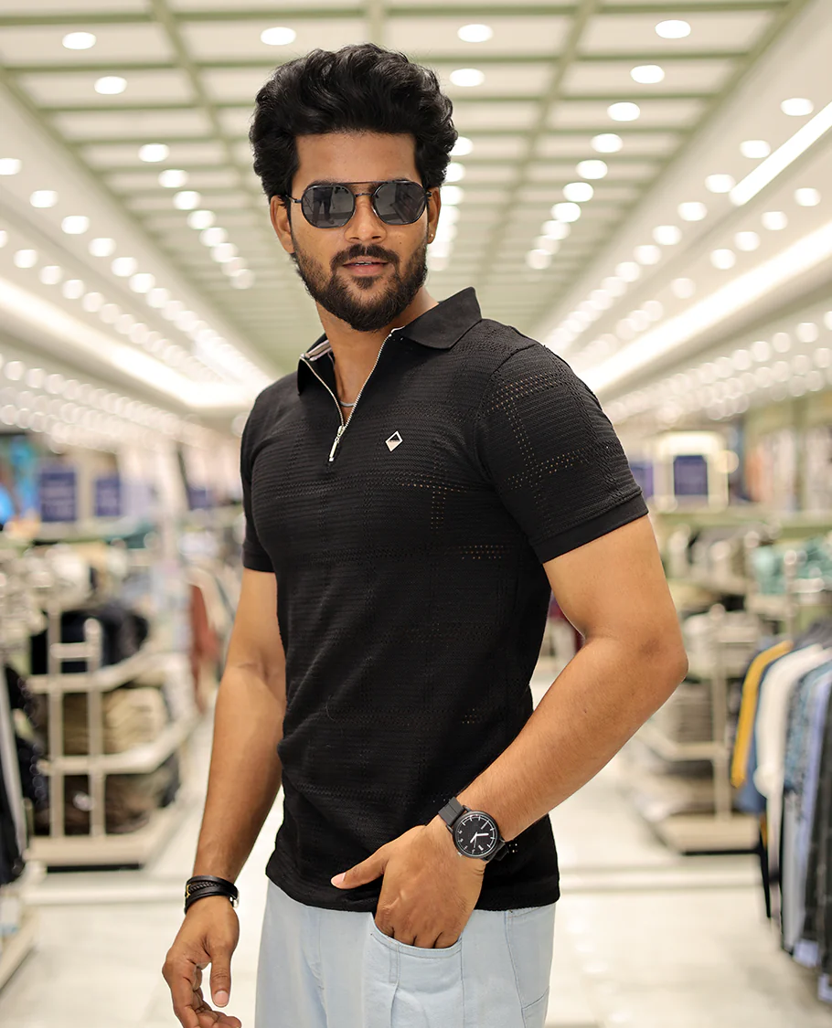 Black Corduroy T-Shirt Comes with a Checked Texture, a Polo Neck, Half-Sleeves, a Slim Fit, and Regular Length - Image 3
