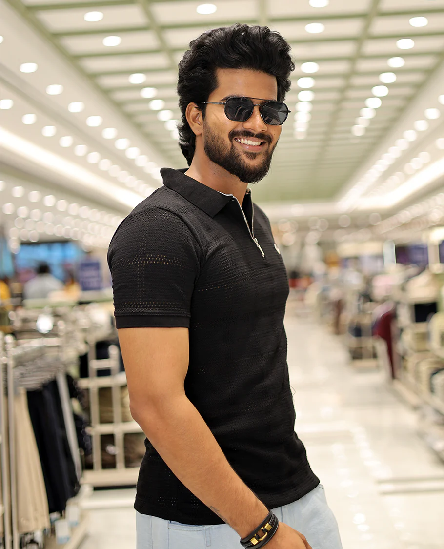 Black Corduroy T-Shirt Comes with a Checked Texture, a Polo Neck, Half-Sleeves, a Slim Fit, and Regular Length - Image 4