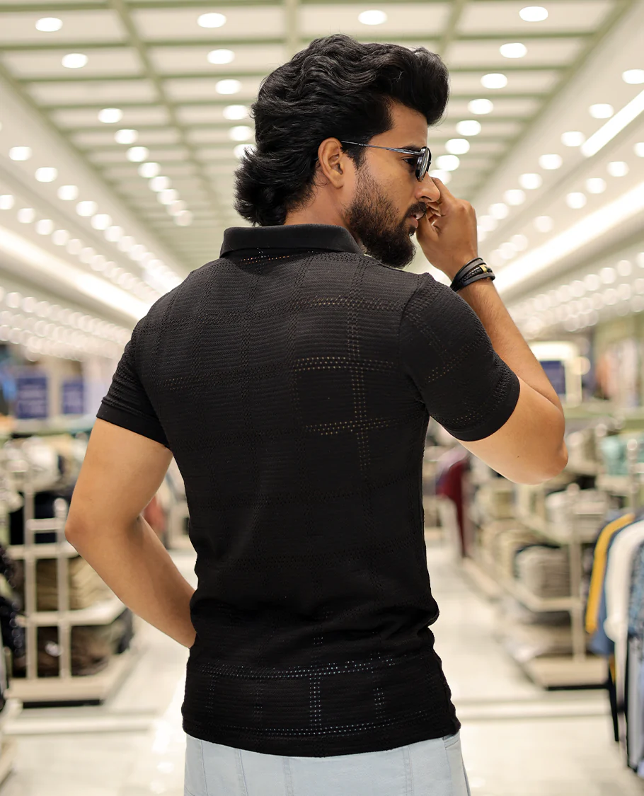 Black Corduroy T-Shirt Comes with a Checked Texture, a Polo Neck, Half-Sleeves, a Slim Fit, and Regular Length - Image 5