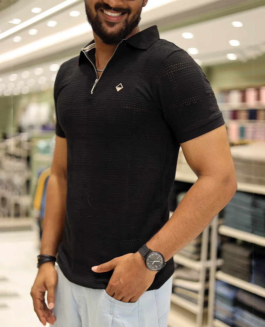 Black Corduroy T-Shirt Comes with a Checked Texture, a Polo Neck, Half-Sleeves, a Slim Fit, and Regular Length - Image 6
