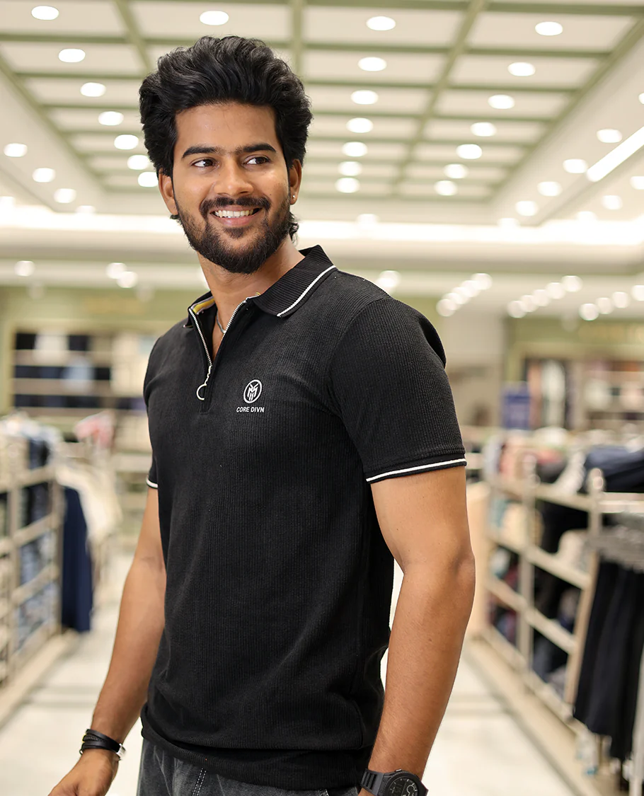 Black Corduroy T-Shirt Comes with a Polo Neck, Half-Sleeves, a Slim Fit, and Regular Length - Image 2