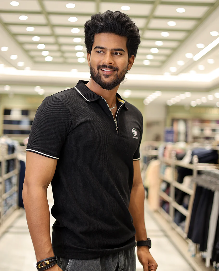 Black Corduroy T-Shirt Comes with a Polo Neck, Half-Sleeves, a Slim Fit, and Regular Length - Image 3