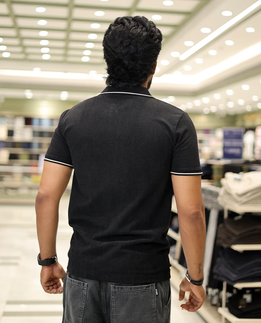 Black Corduroy T-Shirt Comes with a Polo Neck, Half-Sleeves, a Slim Fit, and Regular Length - Image 4