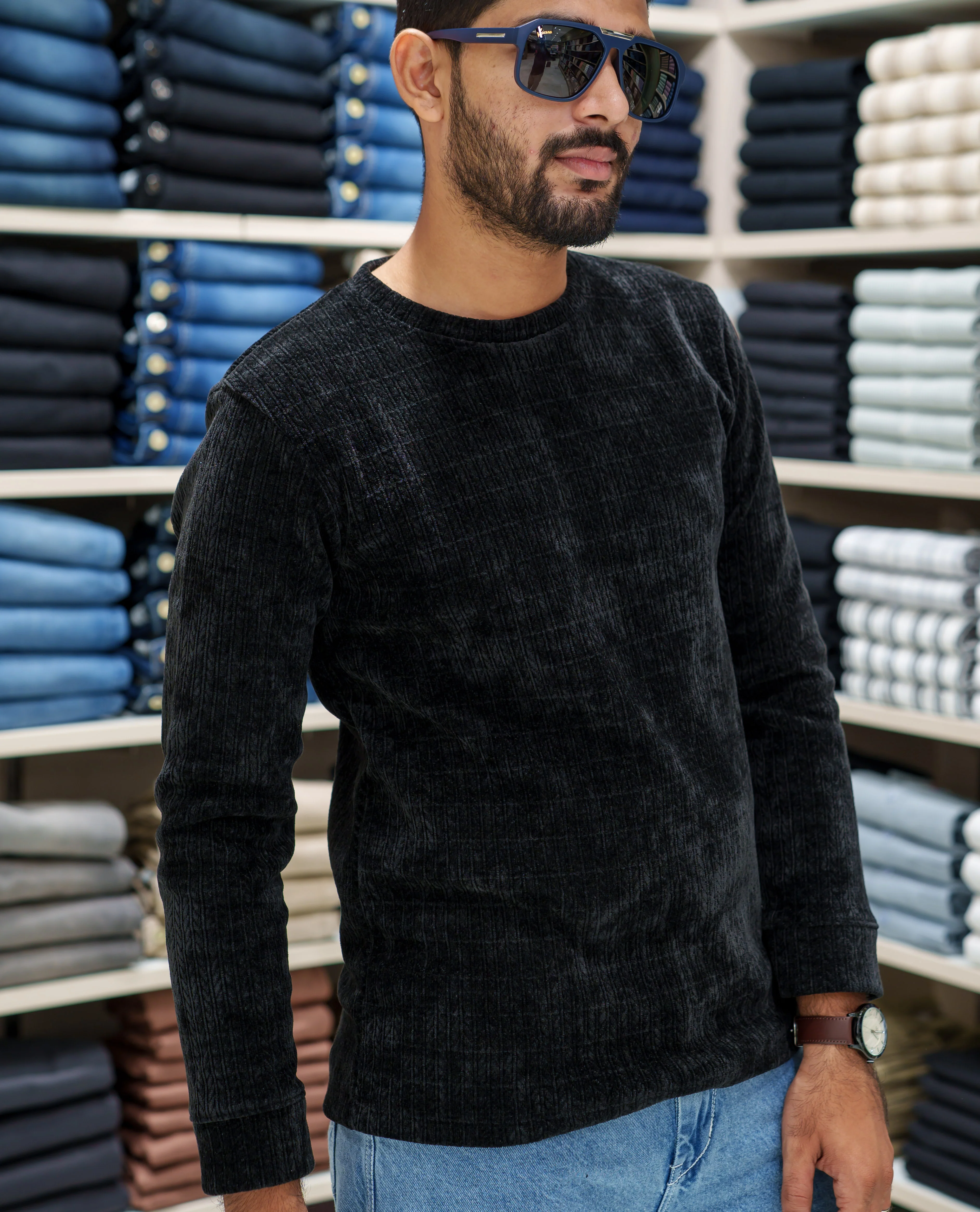Black Corduroy T-Shirt, Comes with Geometric Textures, a Crew-Neck, Full Sleeves, Slim Fit, and Regular Length - Image 3