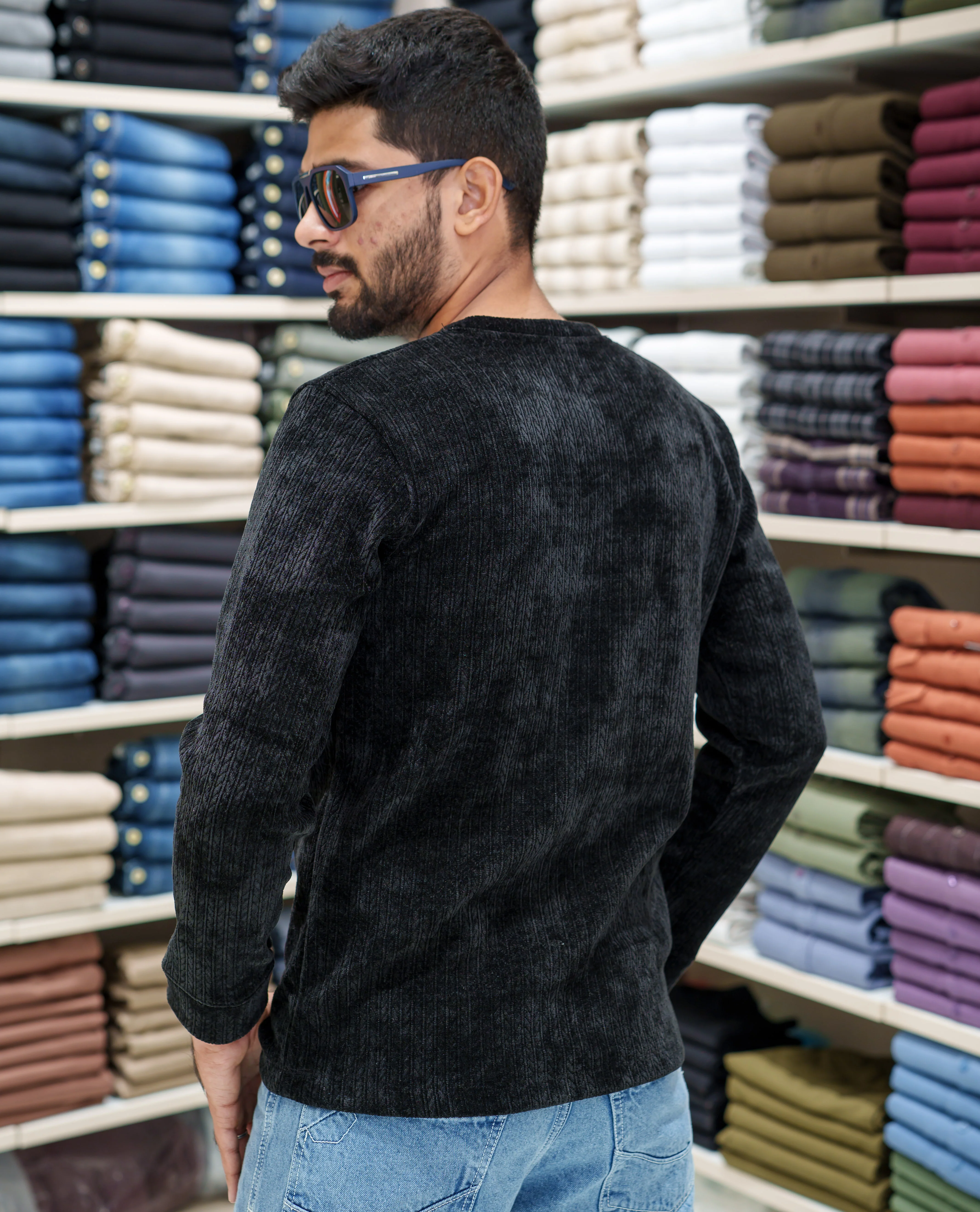 Black Corduroy T-Shirt, Comes with Geometric Textures, a Crew-Neck, Full Sleeves, Slim Fit, and Regular Length - Image 4