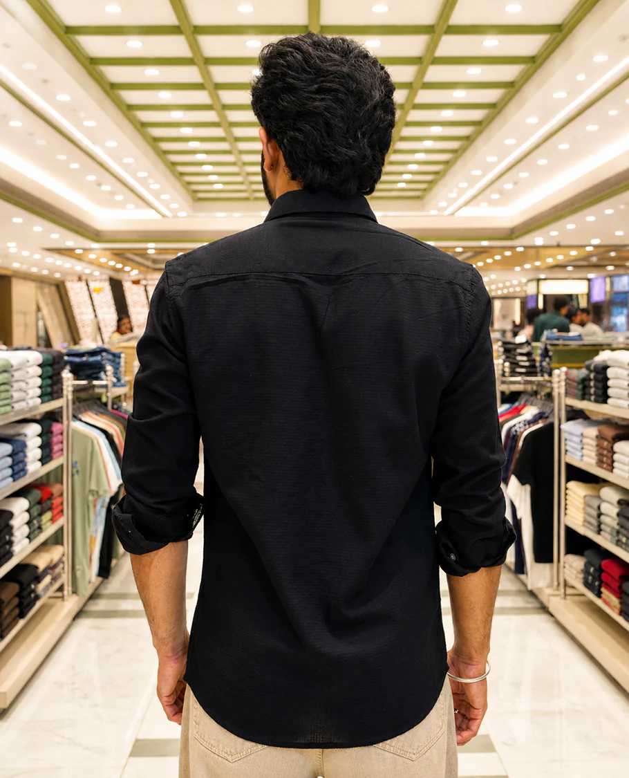 Black Cotton-Blended Casual Shirt, Accentuated with Flower Thread Outline Embroidery, Featuring a Spread Collar, Full Sleeves, Slim Fit, and Regular Length - Image 5