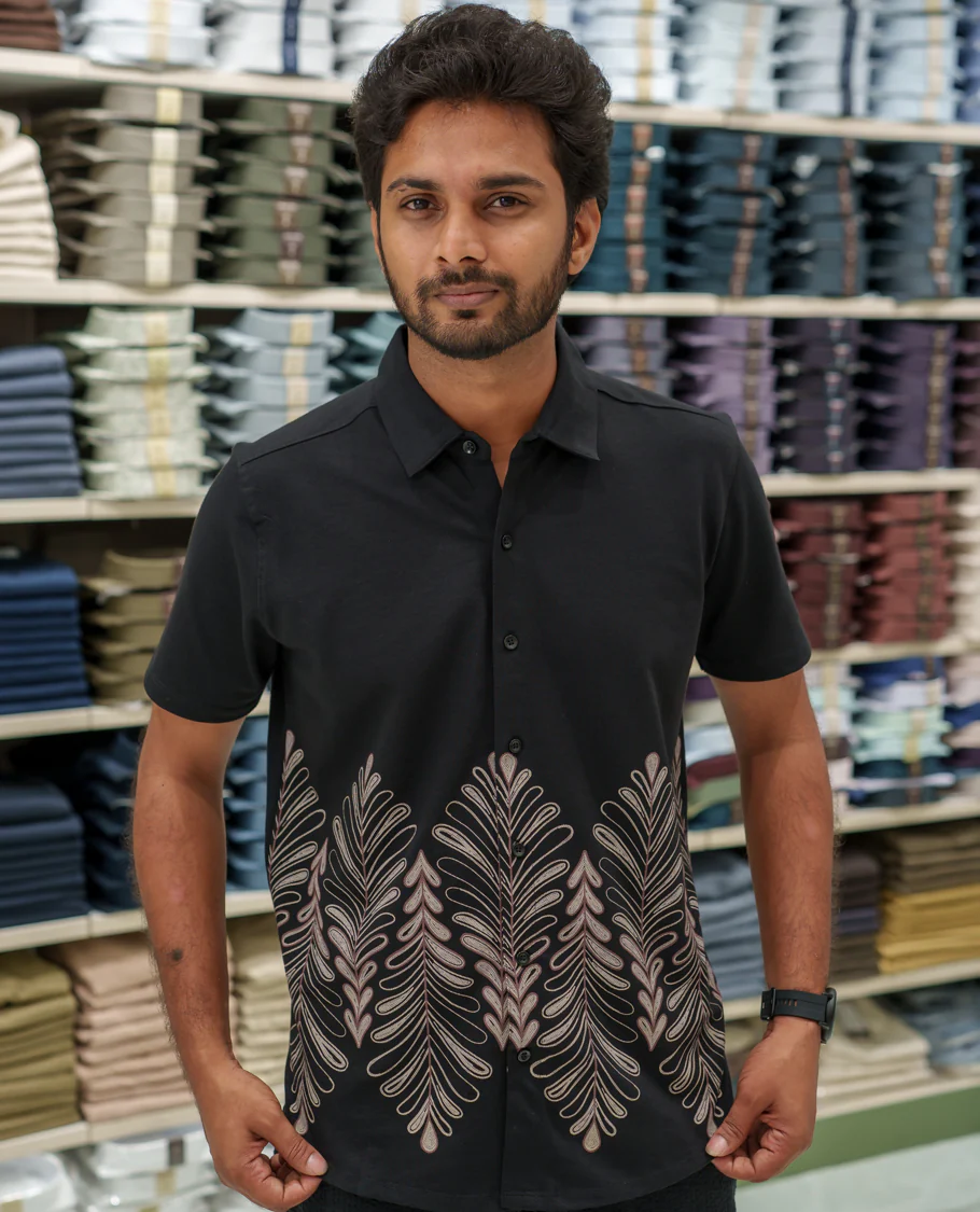 Black Cotton-Blended Casual Shirt Comes with Tropical Floral Print, Spread Collar, Half Sleeves, Regular Fit, and Regular Length