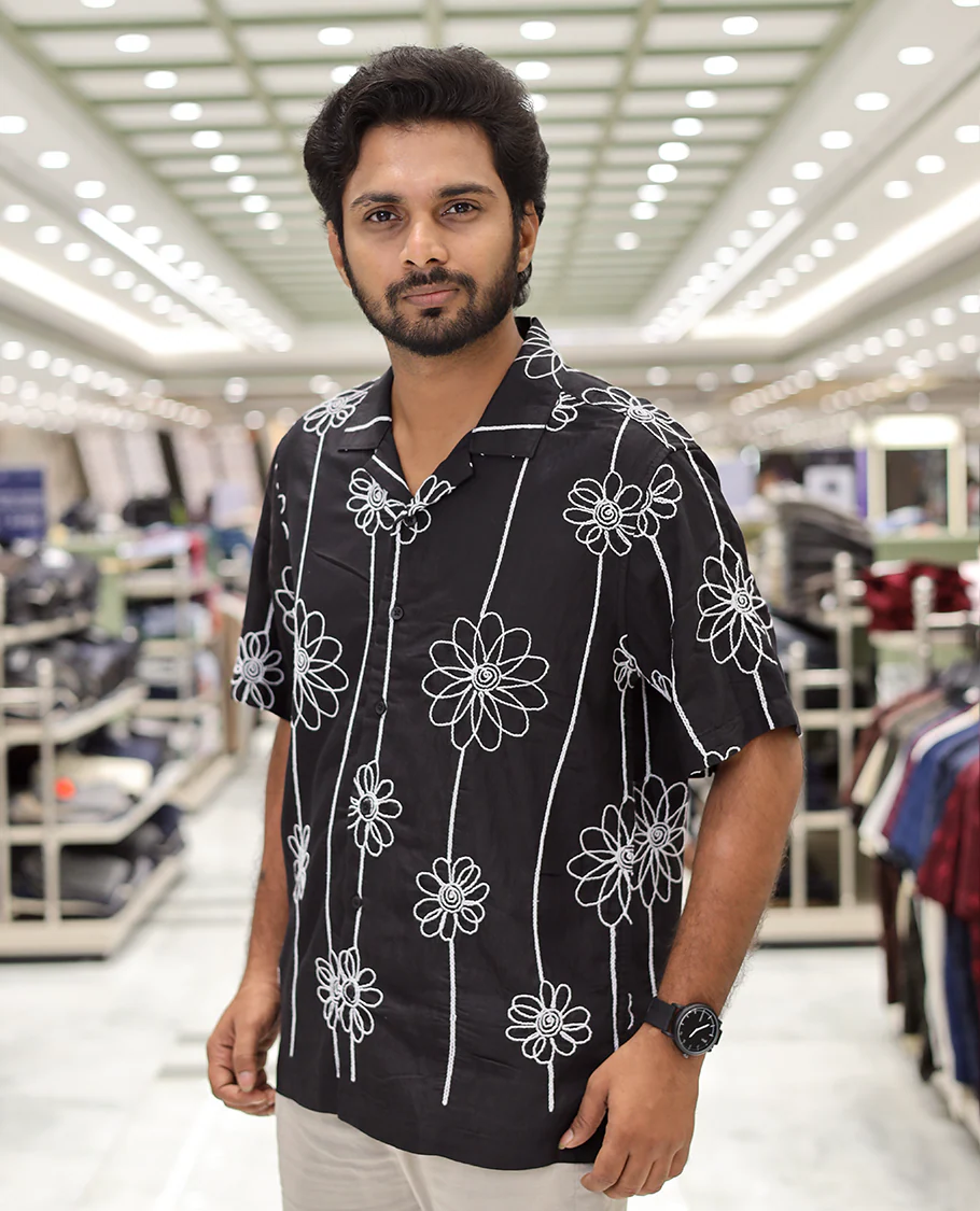 Black Cotton-Blended Casual Shirt, Delicately Woven with Floral Embroidery, a Half-Sleeve, a Cuban Collar, a Boxy Fit, and Regular Length - Image 2
