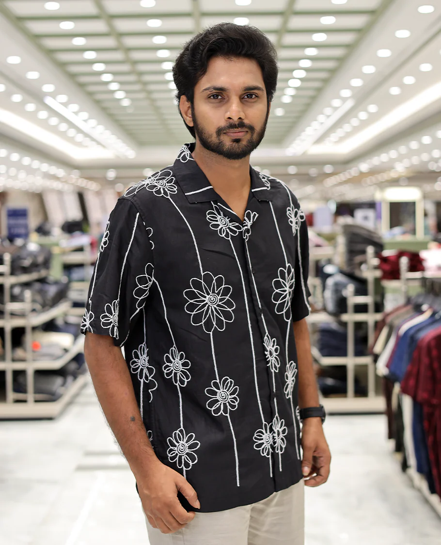 Black Cotton-Blended Casual Shirt, Delicately Woven with Floral Embroidery, a Half-Sleeve, a Cuban Collar, a Boxy Fit, and Regular Length - Image 3