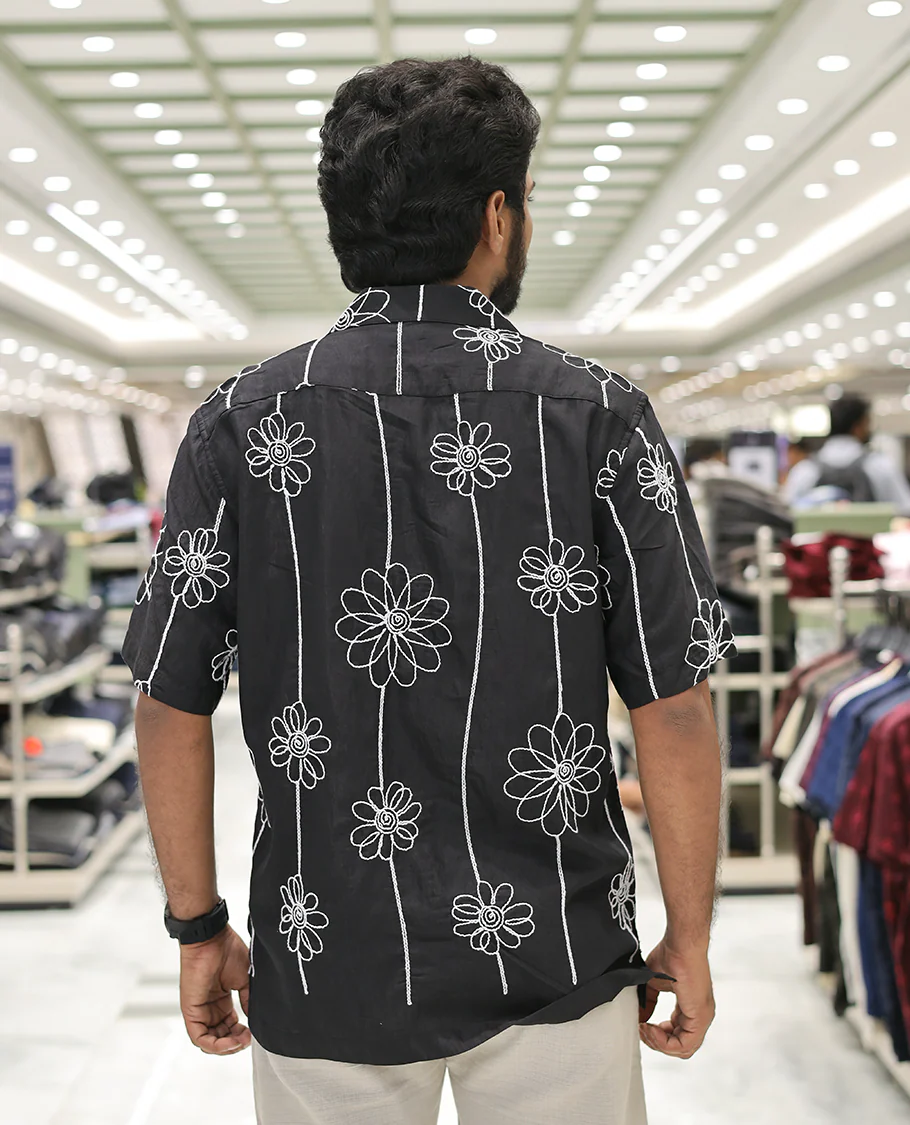Black Cotton-Blended Casual Shirt, Delicately Woven with Floral Embroidery, a Half-Sleeve, a Cuban Collar, a Boxy Fit, and Regular Length - Image 4