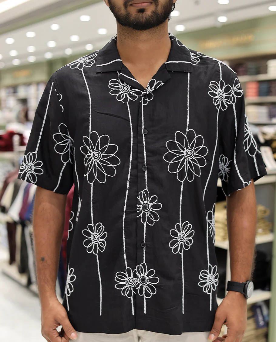 Black Cotton-Blended Casual Shirt, Delicately Woven with Floral Embroidery, a Half-Sleeve, a Cuban Collar, a Boxy Fit, and Regular Length - Image 5