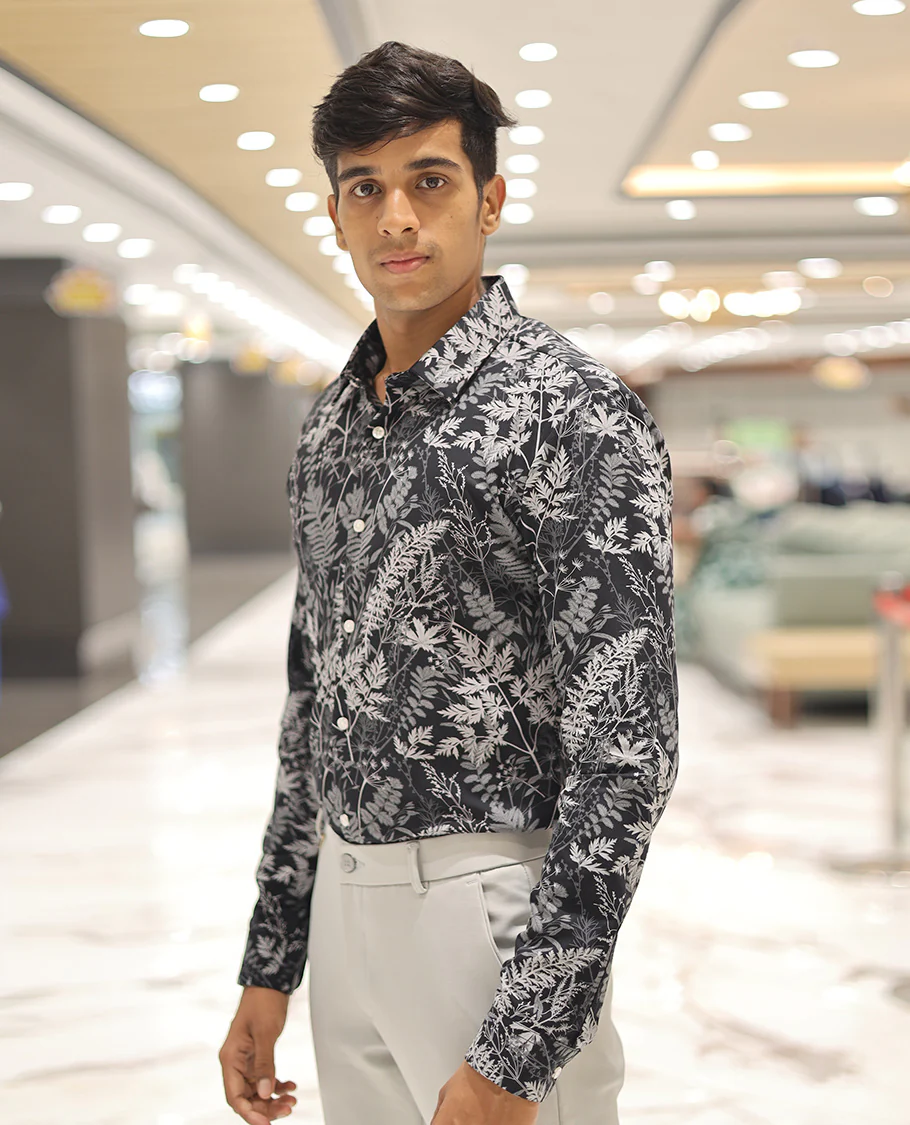 Black Cotton Blended Casual Shirt, Elevated with Vibrant Tropical Floral Prints, a Spread Collar, Full Sleeves, Slim Fit, and Regular Length - Image 3