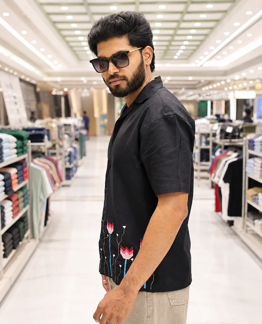 Black Cotton Blended Casual Shirt, Enthralled with Jamdani-style Flora-Theme Embroidery, Featuring a Cuban Collar, Full Sleeves, Regular Fit, and Regular Length - Image 3