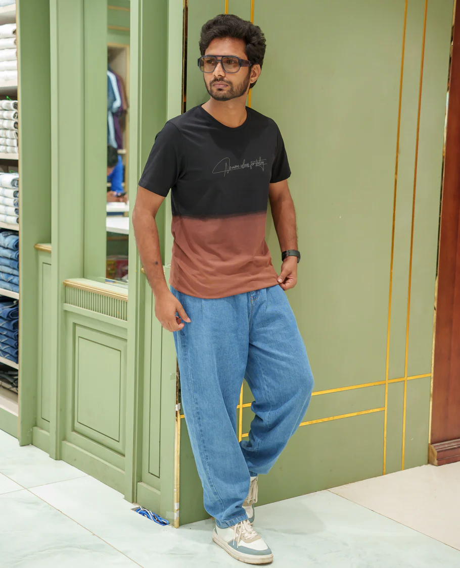 Black Cotton-Blended Ombre-Dyed T-Shirt Comes with Typographic Print, Crew Neck, Half Sleeves, Slim Fit, and Regular Length - Image 2