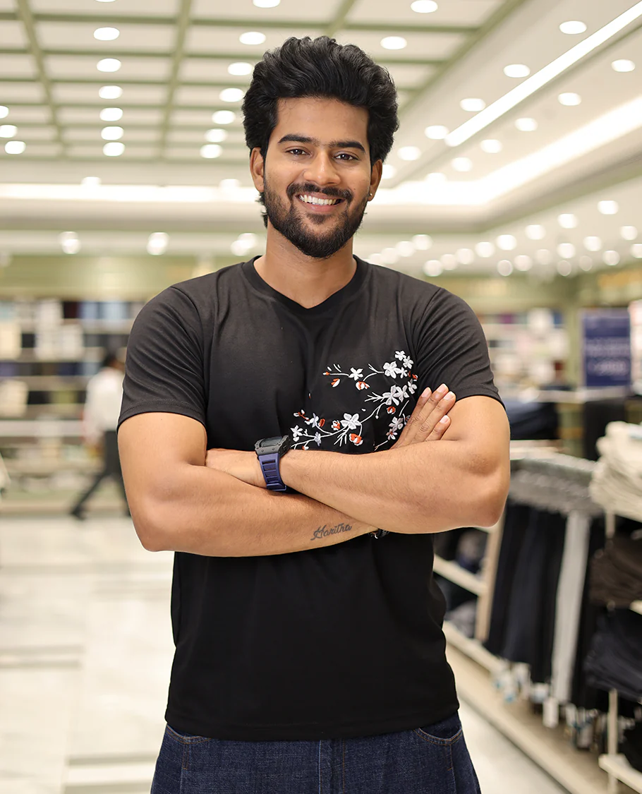 Black Cotton-Blended T-Shirt Comes with Floral Embroidered Motifs, Half-Sleeves, a Crew Neck, a Slim Fit, and Regular Length - Image 2