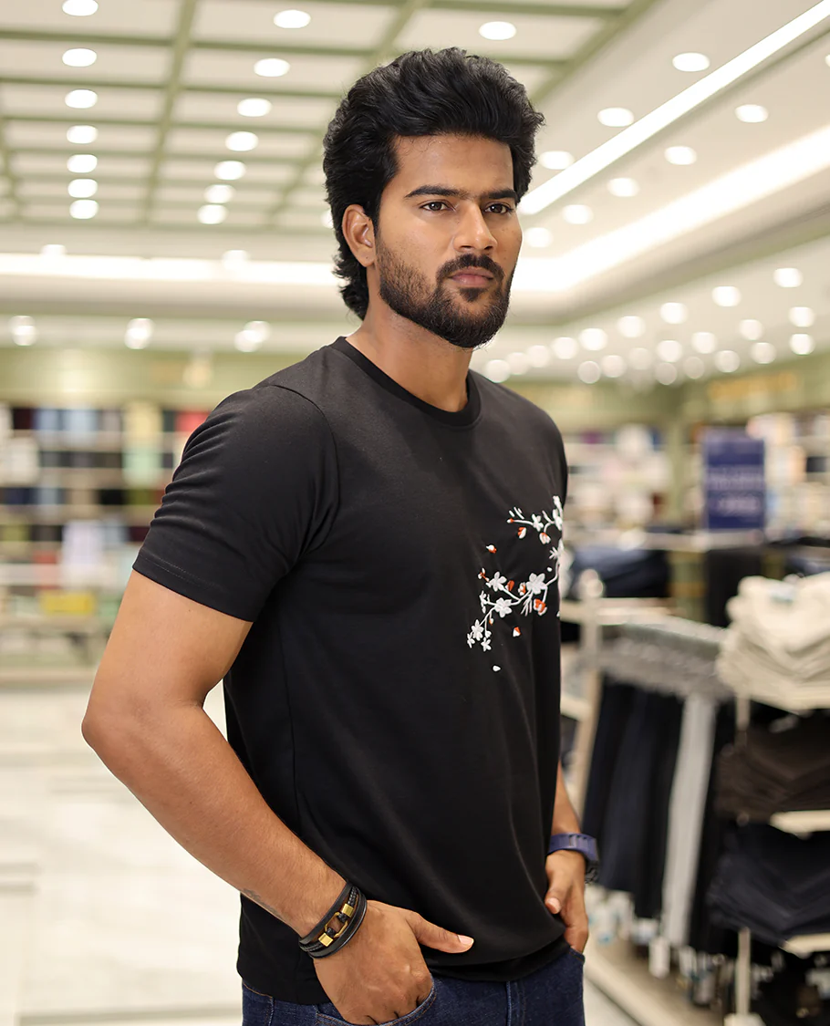Black Cotton-Blended T-Shirt Comes with Floral Embroidered Motifs, Half-Sleeves, a Crew Neck, a Slim Fit, and Regular Length - Image 3