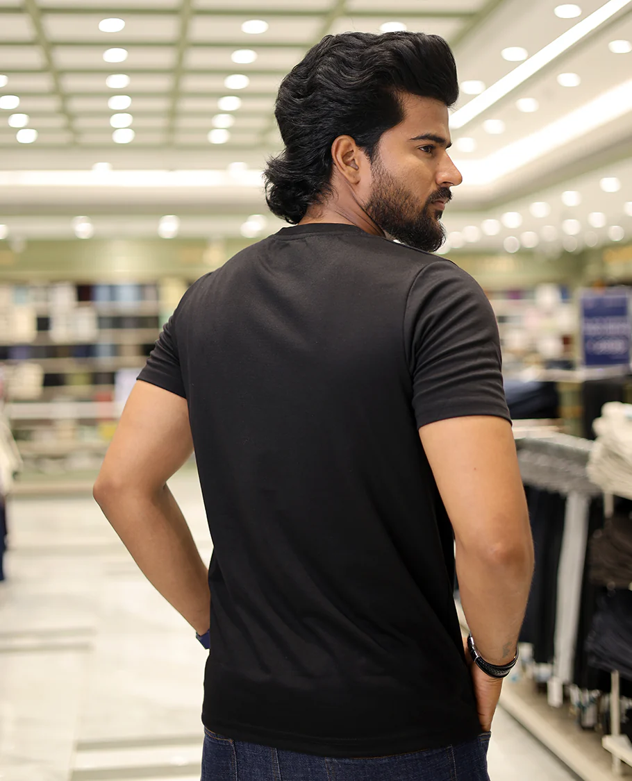 Black Cotton-Blended T-Shirt Comes with Floral Embroidered Motifs, Half-Sleeves, a Crew Neck, a Slim Fit, and Regular Length - Image 4