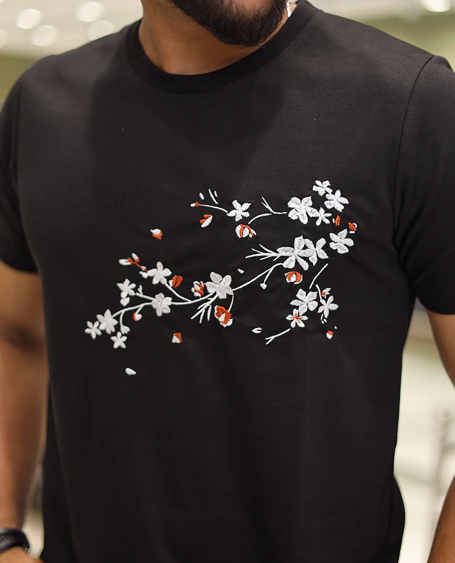 Black Cotton-Blended T-Shirt Comes with Floral Embroidered Motifs, Half-Sleeves, a Crew Neck, a Slim Fit, and Regular Length - Image 5