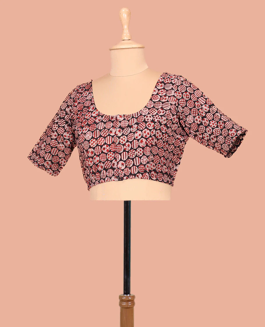 Black Cotton Readymade Blouse Adorned with All-Over Geometric Motifs Print, Front Round Neck, Back Round Neck, and Elbow Sleeves