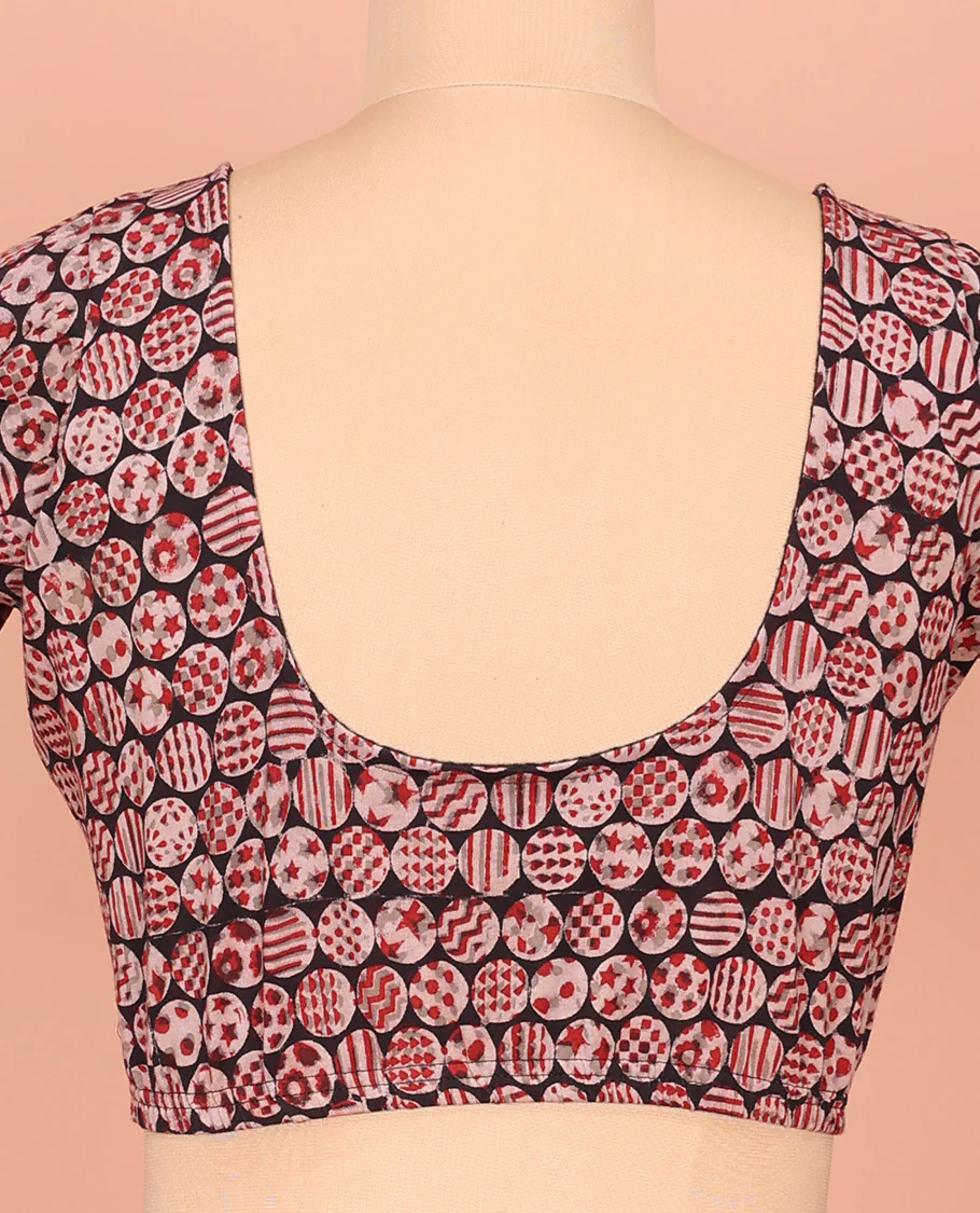 Black Cotton Readymade Blouse Adorned with All-Over Geometric Motifs Print, Front Round Neck, Back Round Neck, and Elbow Sleeves - Image 4